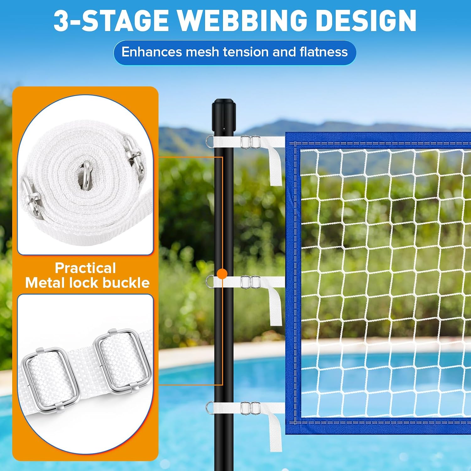 15x3FT Pool Volleyball Net for Inground Pools with 6 Metal Buckle Webbing Straps, 2026 Newly Upgraded Volley Ball Net for Outdoor Pool, Summer Pool Floaties Party Gift for Adults and Family(Net Only)