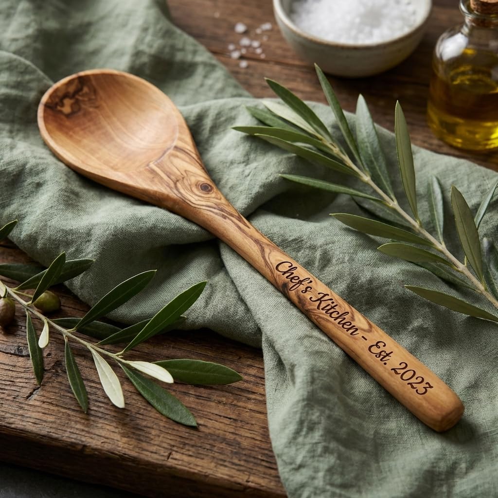 Kochlöffel personalisiert, Olivenholz - Handgemachter Holzkochlöffel mit Gravur als individuelles Geschenk