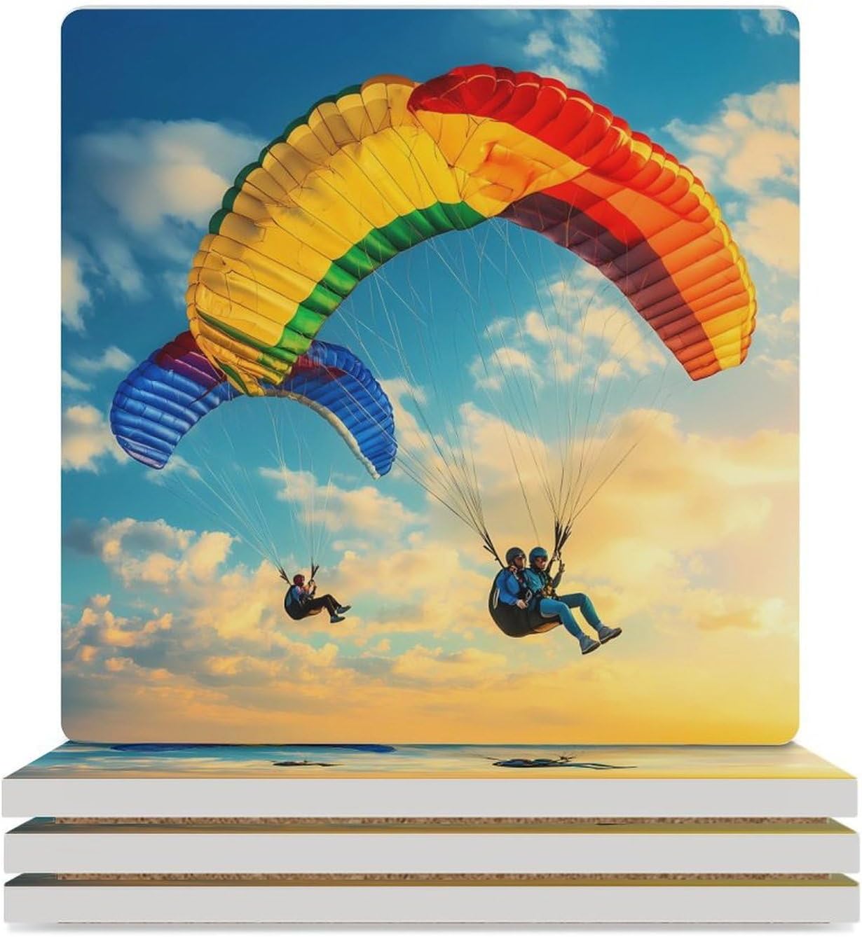 Skydiving Colorful Sunset Sports Coasters for Drinks Square Table Coasters Set Cup Mats with Cork Base