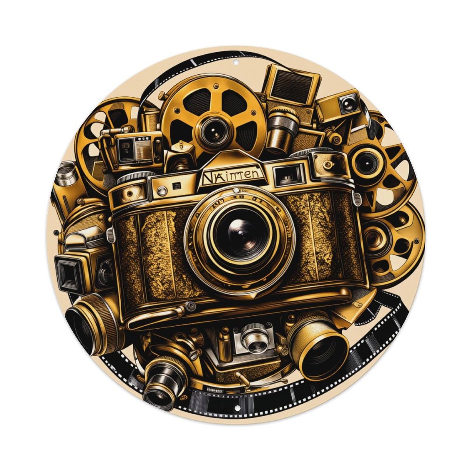Vintage Camera Gold Artwork Pattern Round Tin Sign Retro Metal Sign for Cafe Bar Pub Home Game Room Gym Club Wall Decoration Vintage Metal Poster 8x8 Inch