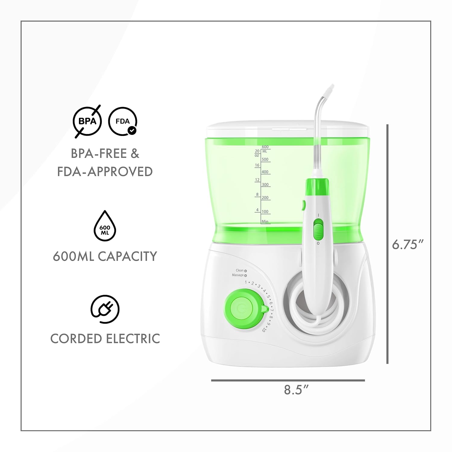 ToiletTree Products Children's Countertop Water Flosser - Dental Oral Irrigator for Kids - BPA-Free Dental Water Flosser with 600mL Capacity and Adjustable Water Pressure - Green