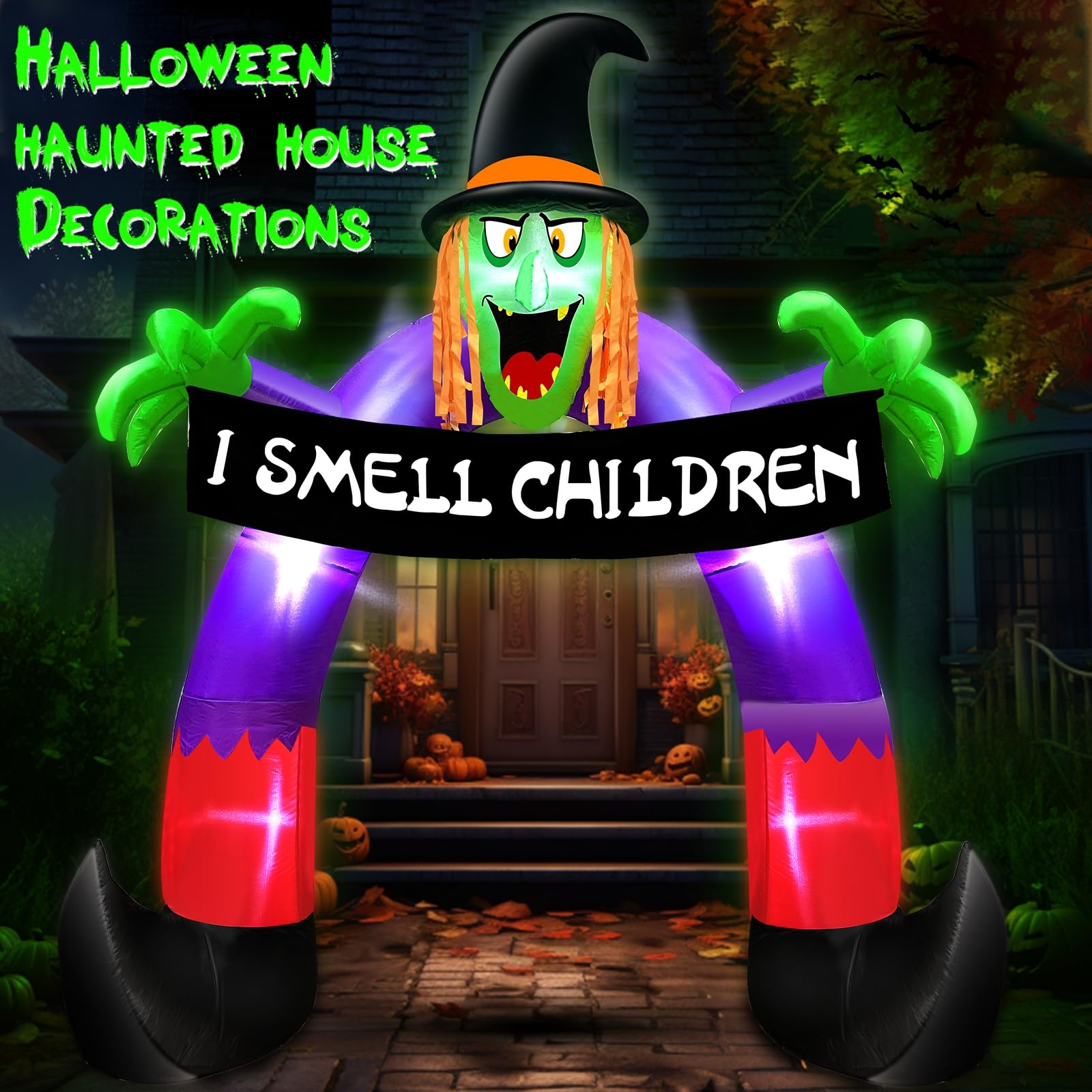 TURNMEON 8Ft Giant Halloween Inflatables Decorations Outdoor Scary Witch Holds Banner Archway Build-in LED Lights Blow Up Halloween Decor Yard Garden Lawn Party Home Arch
