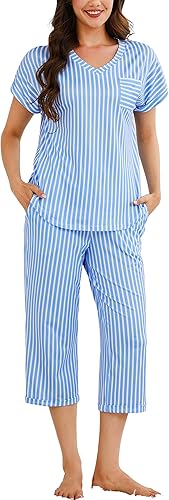 Marvmys Women's Capri Pajama Sets Short Sleeve 2 Piece Pjs V Neck Tops & Capri Pants with Pockets S-2XL