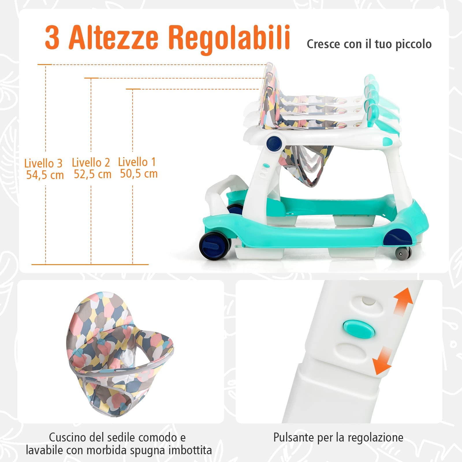 GYMAX Girello per Bambini, Design 2 in 1, con Sedile Regolabile e Ruote Universali, Girello Dotato di Illuminazione e Musica per Bambini dai 6 a 18 Mesi, 73 x 59,5 x 50,5cm (verde)