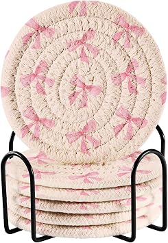 Pink Bow Cotton Cup Coasters with Holder Absorbent Drink Coasters Set for CoffeeTabletop Protection Housewarming Gift Home Decor 6 Pcs