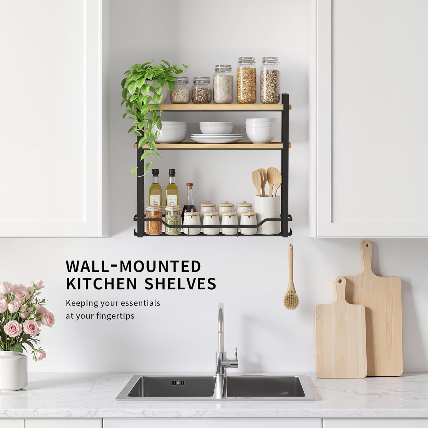 Bathroom Shelves Over Toilet Storage - 3 Tier Large Wall Mounted Shelves for Bathroom - Over Toilet Organizer - Adjustable Stand Shelf Rack for Kitchen Living Room - Black Oak