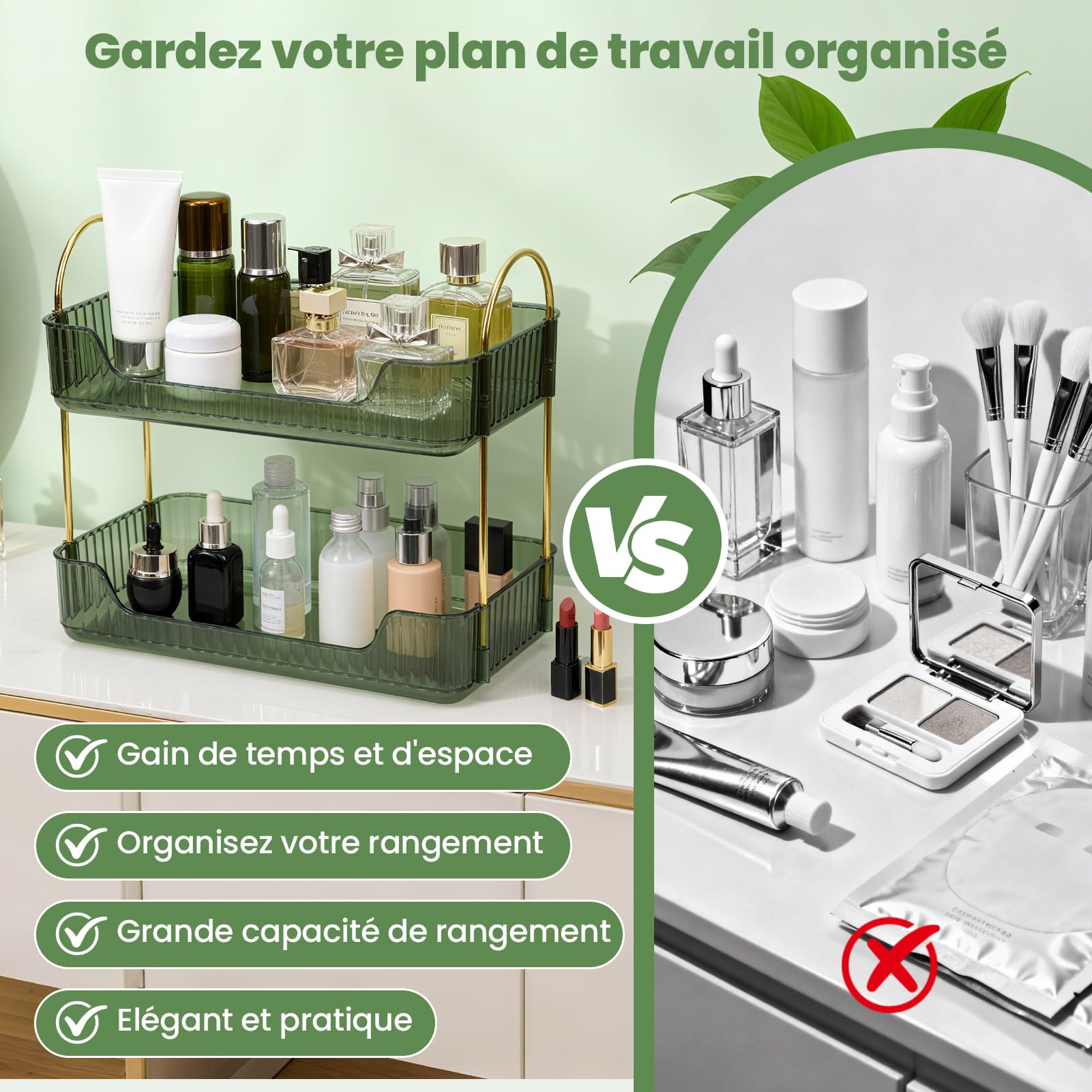 Organiseur de Maquillage en métal Pet à 3 Couches - Rangement modulaire Multifonction avec Accessoires lavables pour Maquillage, Soins de la Peau et Parfum (Vert foncé, Deux Couches)
