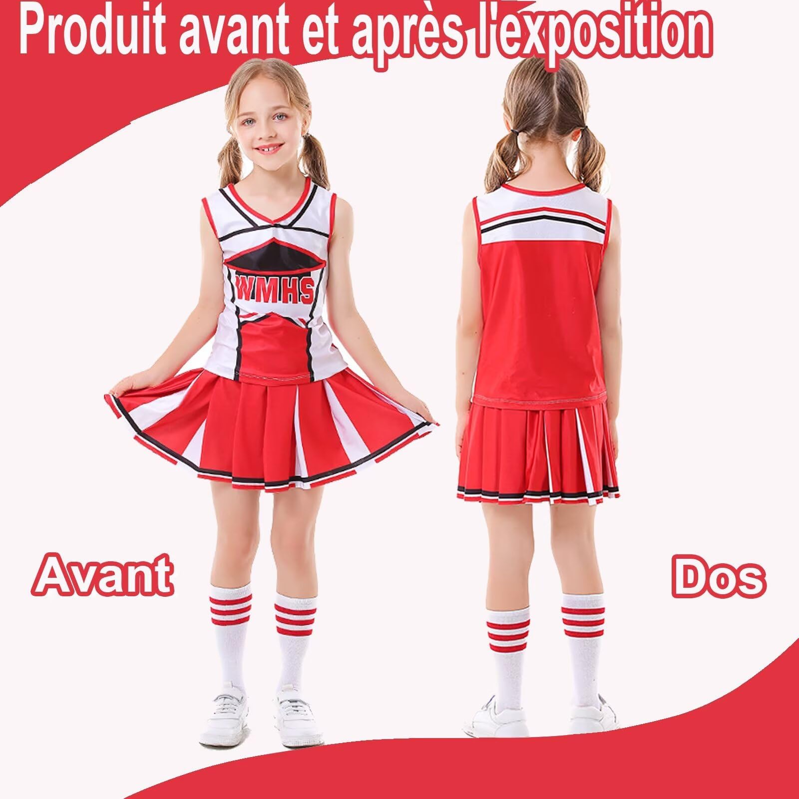 Costume Pompom Girl Enfant - Tenue de Pompom Girl Fille 6-12 Ans avec Pompons - Déguisement Cheerleader pour Halloween, Carnaval et Fête Déguisée - 5