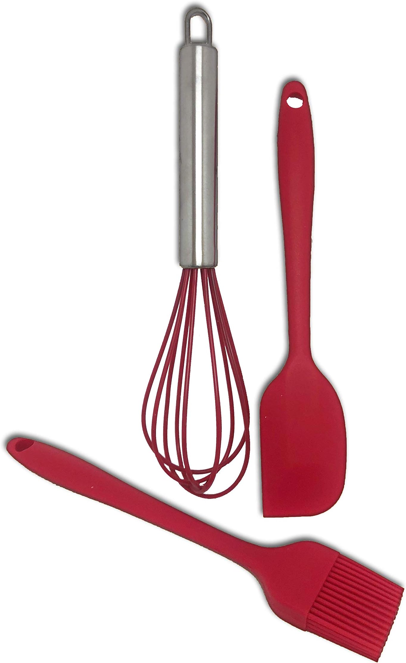 Renberg Kitchen Tool Set, Silicone Brush, Spatula & Stainless Steel Handle Whisk, Set of 3 (Red)