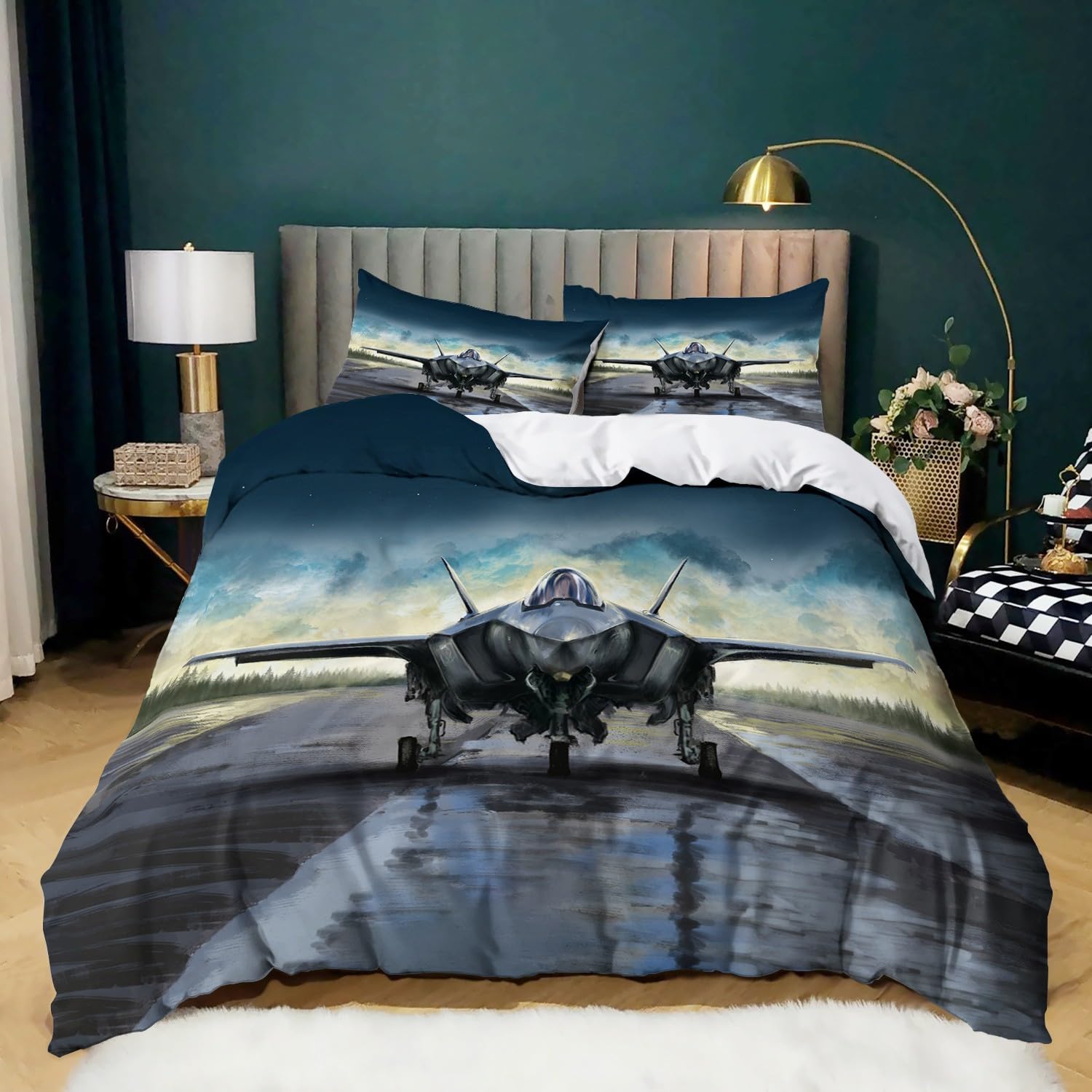 XCQHZYQ Duvet Quilt Cover Set Military Aircraft 3D Printed Single Duvet Cover set with 2 Pillow Cases 50x75 cm, Quilt Bedding Set for Childrens and Adults