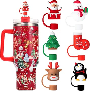 6 PCS Christmas Straw Covers Cap for Stanley Cup Compatible with Stanley 30&40 Oz Tumbler Silicone Straw Toppers,Xmas Reusable Straw Cover for Stanley Cup Accessories