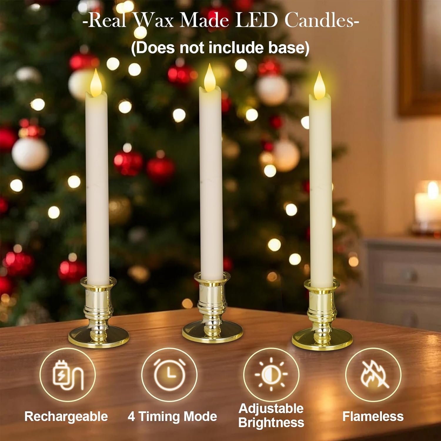 Battery Operated Taper Candles with Remote Control, 3D Flickering Flame with Charging Station, Timer, Adjustable Brightness, Steady or Flicker Mode, Christmas Flameless Candles for Window