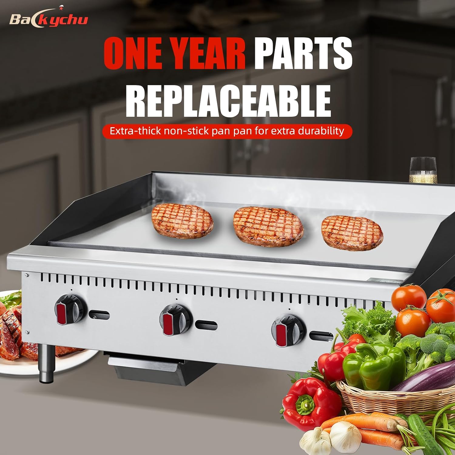 Commercial Gas Griddle - 36" Countertop Griddle. 90,000 BTU Flat Top Griddle, Natural Gas (NG) / Propane, CSA Certified Stainless Steel Teppanyaki Grill for Restaurants
