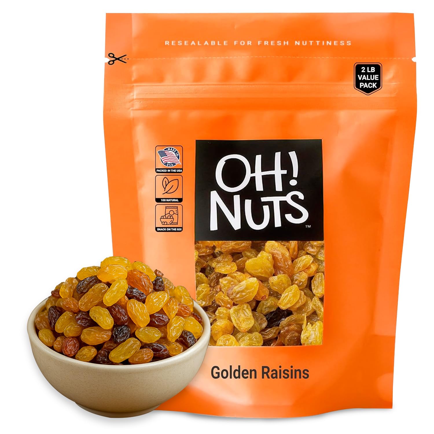 Oh! Nuts Golden Raisins - Sun Dried Fruit - 2 lb - No Sugar Added - Dehydrated Fruit Bites - Packed in New York Zip-Seal Bag for Exceptional Freshness