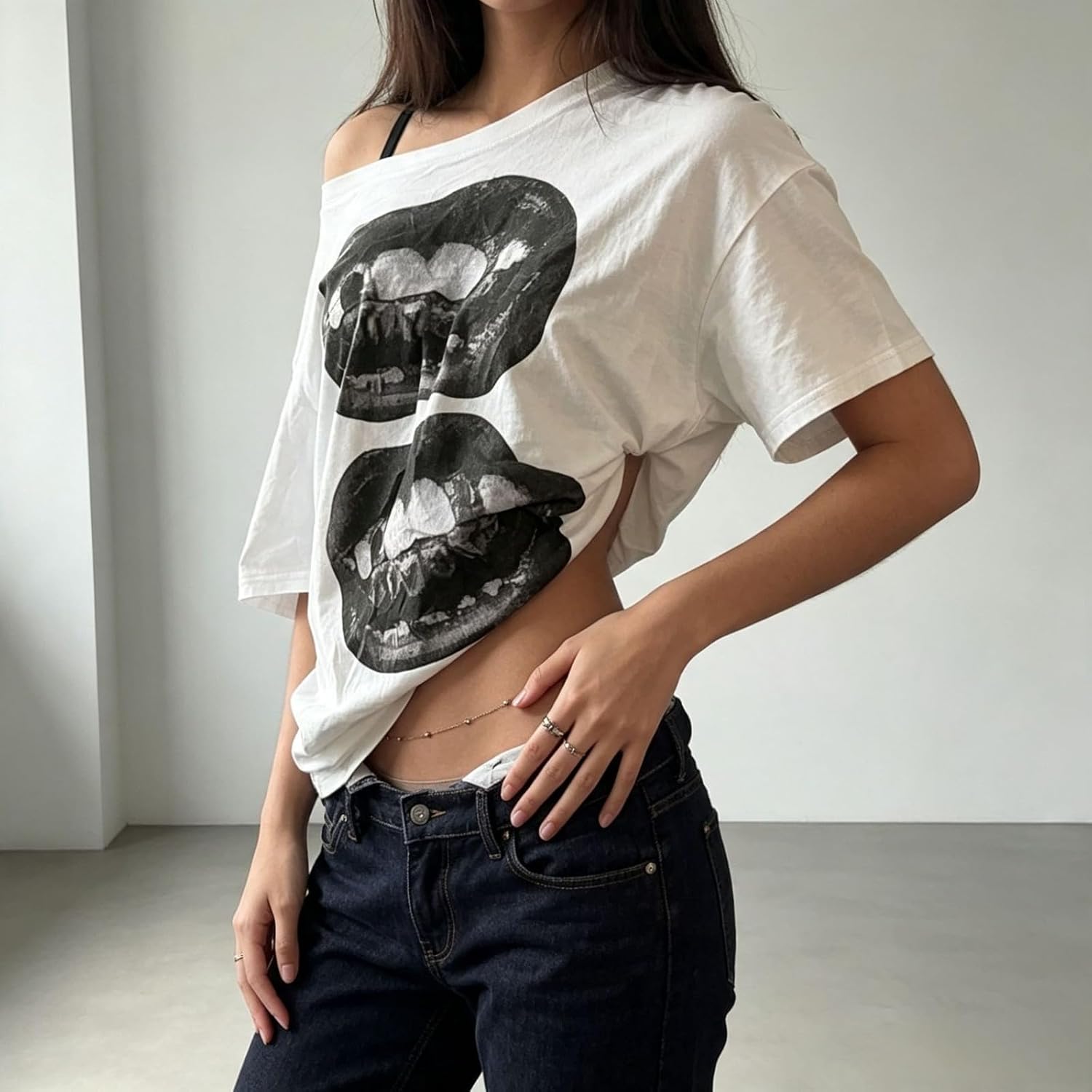 Off The Shoulder Cute Shirts for Women Oversized Tshirt Y2k Graphic Tee Lips Print Baggy Shirts Vintage Tops image 3