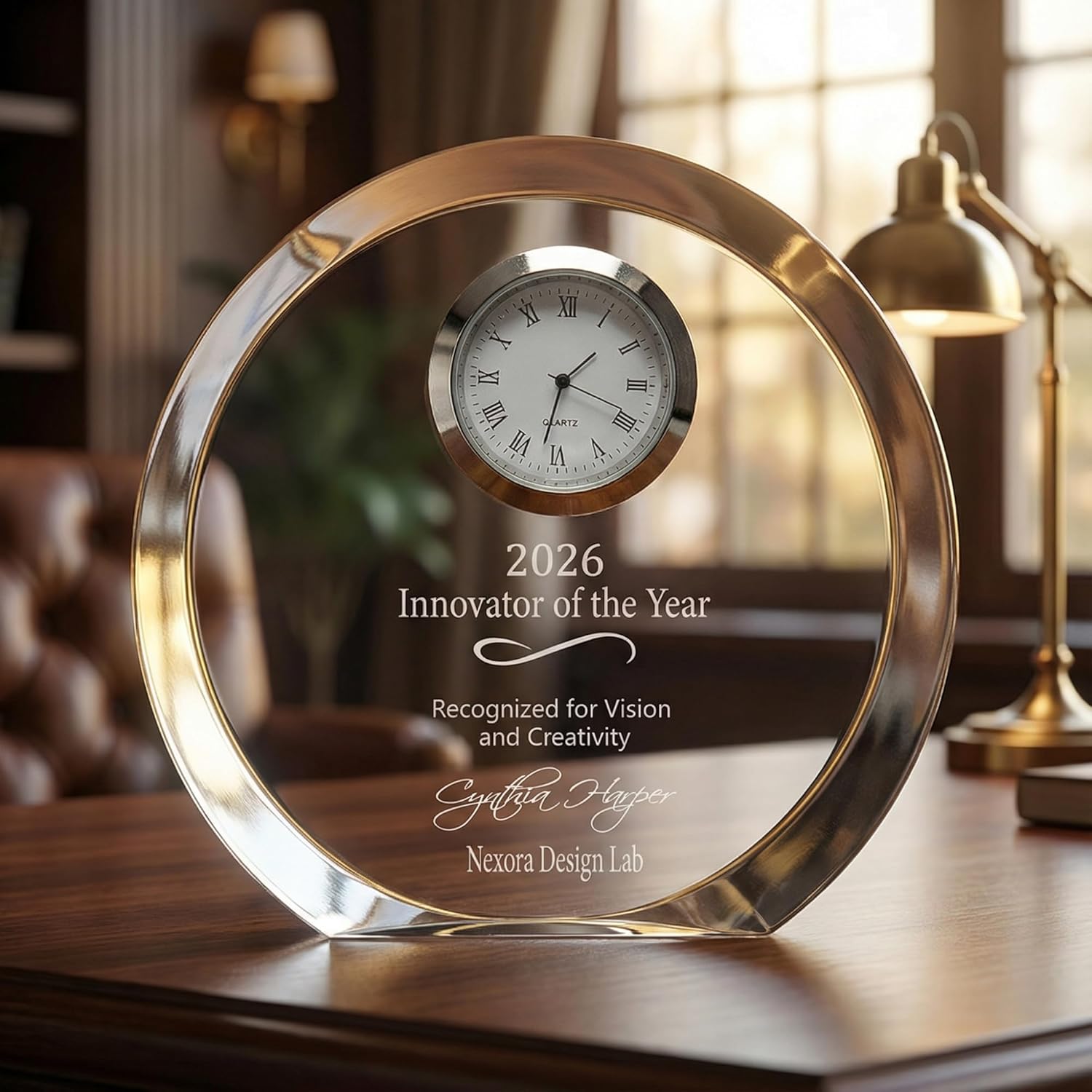 Personalized 4 1/2" Round Crystal Desk Clock Award, Custom Engraved Glass Clock for Employee Appreciation, Recognition, Retirement, Teachers and More