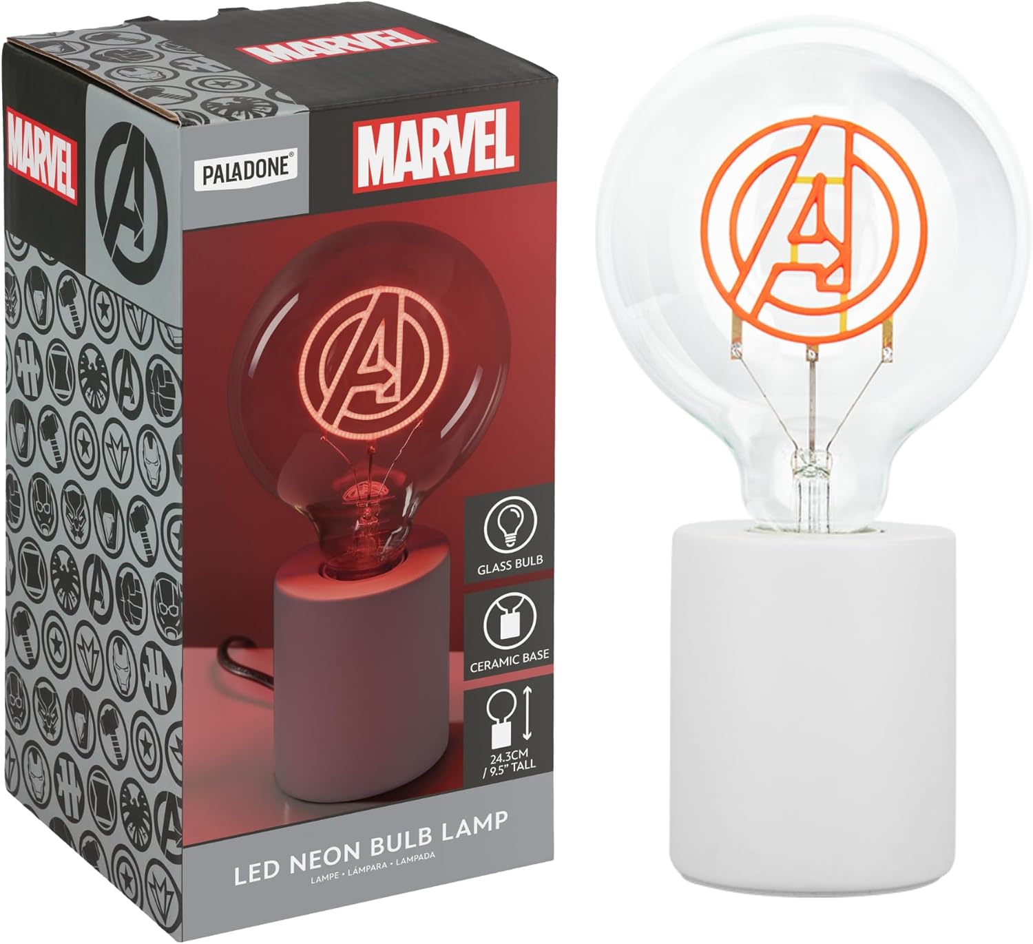 Paladone Marvel Avengers Decorative LED Neon Light - E27 Glass Bulb, Officially Licensed Superhero Collectible Gift, Fun Light for Bedrooms and Homes