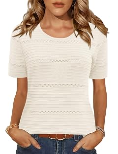 LUYAA Short Sleeve Sweater for Women Spring Summer Crochet Tops Crewneck Ribbed Casual Lightweight Pullover Sweaters