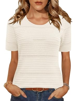 LUYAA Short Sleeve Sweater for Women Spring Summer Crochet Tops Crewneck Ribbed Casual Lightweight Pullover Sweaters