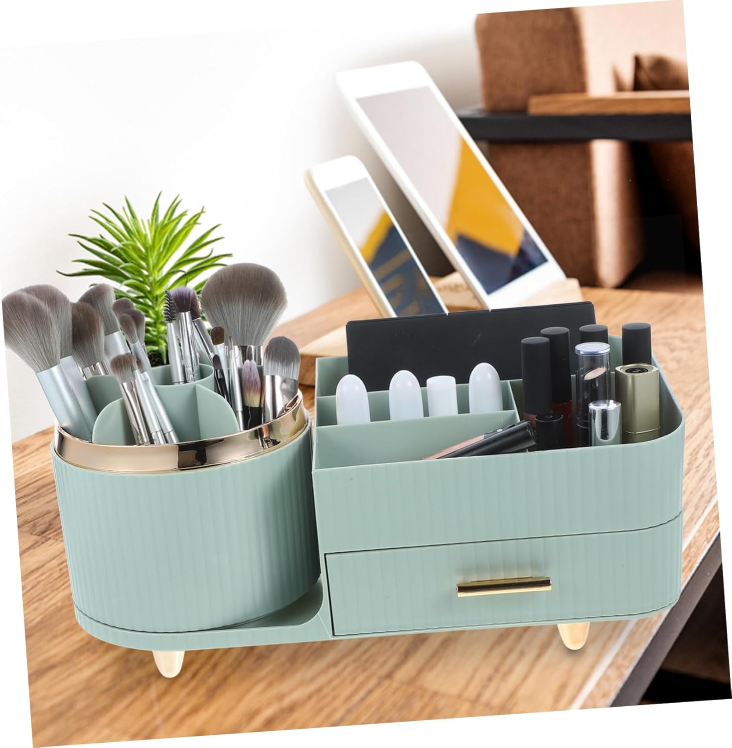 Cabilock Rotating Makeup Brush Organizer Design Large Capacity Cosmetic Display Case for Home Office and School Use Light Green