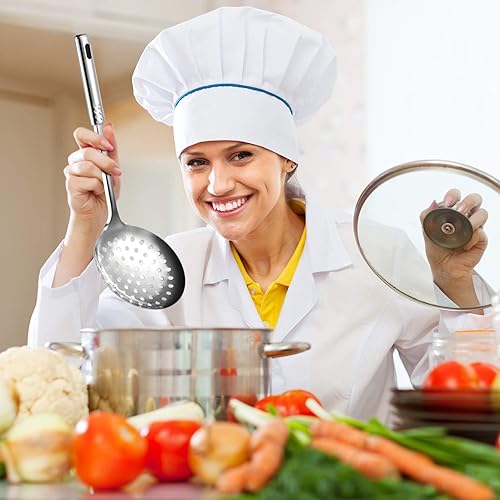 Miniatura 5 de Colador de cocina de acero inoxidable, 2 piezas, cuchara ranurada, cucharón de cocina con mango largo para cocina, cocina, hornear, 13.4 pulgadas