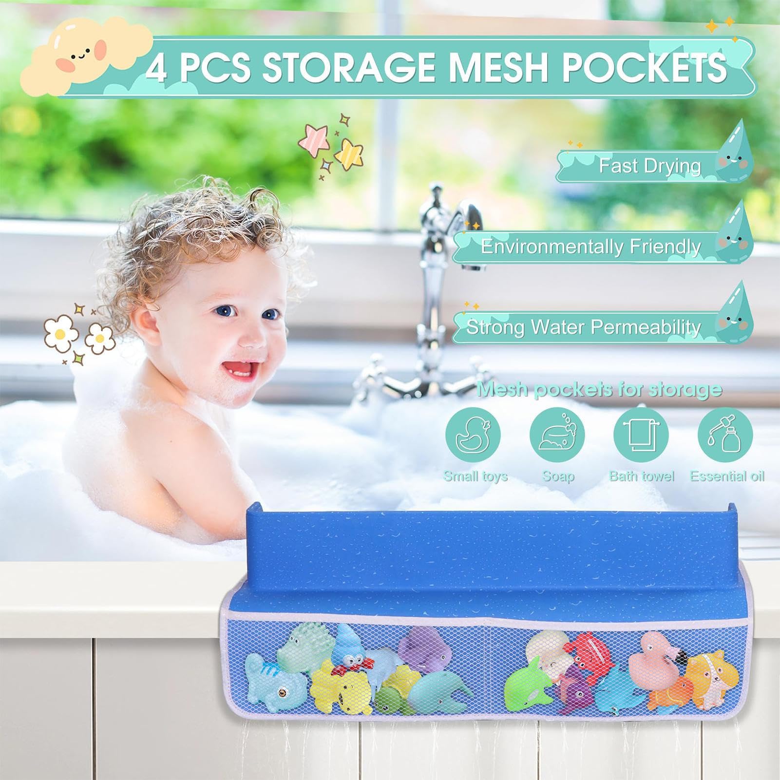 Paraspruzzi per vasca da bagno, in silicone, per bambini, con | organizer per giocattoli da bagno, design antiscivolo resistente, per uso in bagno e vasca da bagno per bambini