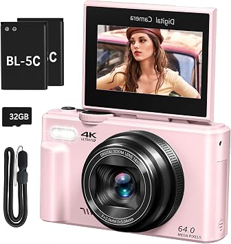 4K Digital Camera with 180 Flip Screen, 64MP Compact Vlogging Camera, Pink | Point And Shoot Camera with WiFi, 32GB SD Card, Easy To Use Digital Camera Kit for Travel and Beginners