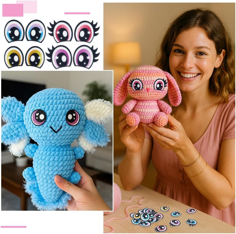 PH PandaHall 24 Pairs 6 Colors Felt Eyes with Lashes, 2 Styles Colorful Oval Eye Kawaii Felt Eye Crochet Patches Amigurumi Craft Eyes for Plush Puppet Teddy Bear Crochet Animals Crafts Making