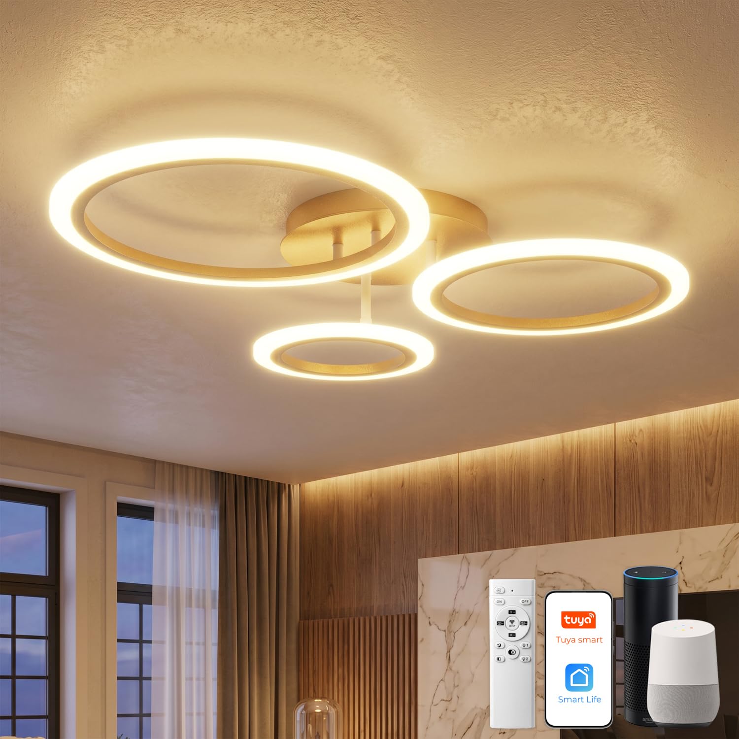 Plafonnier LED Intelligent Dimmable 3 Anneaux, Luminaire Plafond Moderne 19W 1900LM, Contrôle App/Alexa et Télécommande, Éclairage Ultra-Plat pour Chambre, Salon, Or
