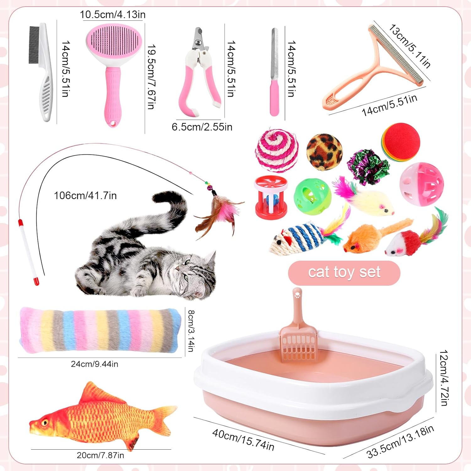 Kitten Starter Kit, 37 Pcs of Kitten Starter Kit for Indoor Kittens, Cat Essentials Including Cat Bed, Carrier, Litter Mat, Litter Box, Collar, Bowls, Cat Toys and Others (Pink)