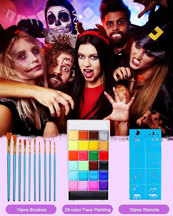 Lictin Water Based Face Paint - Face Painting Kit with Stencils and Brushes (26 colors)