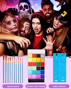 Lictin Water Based Face Paint - Face Painting Kit with Stencils and Brushes (26 colors)