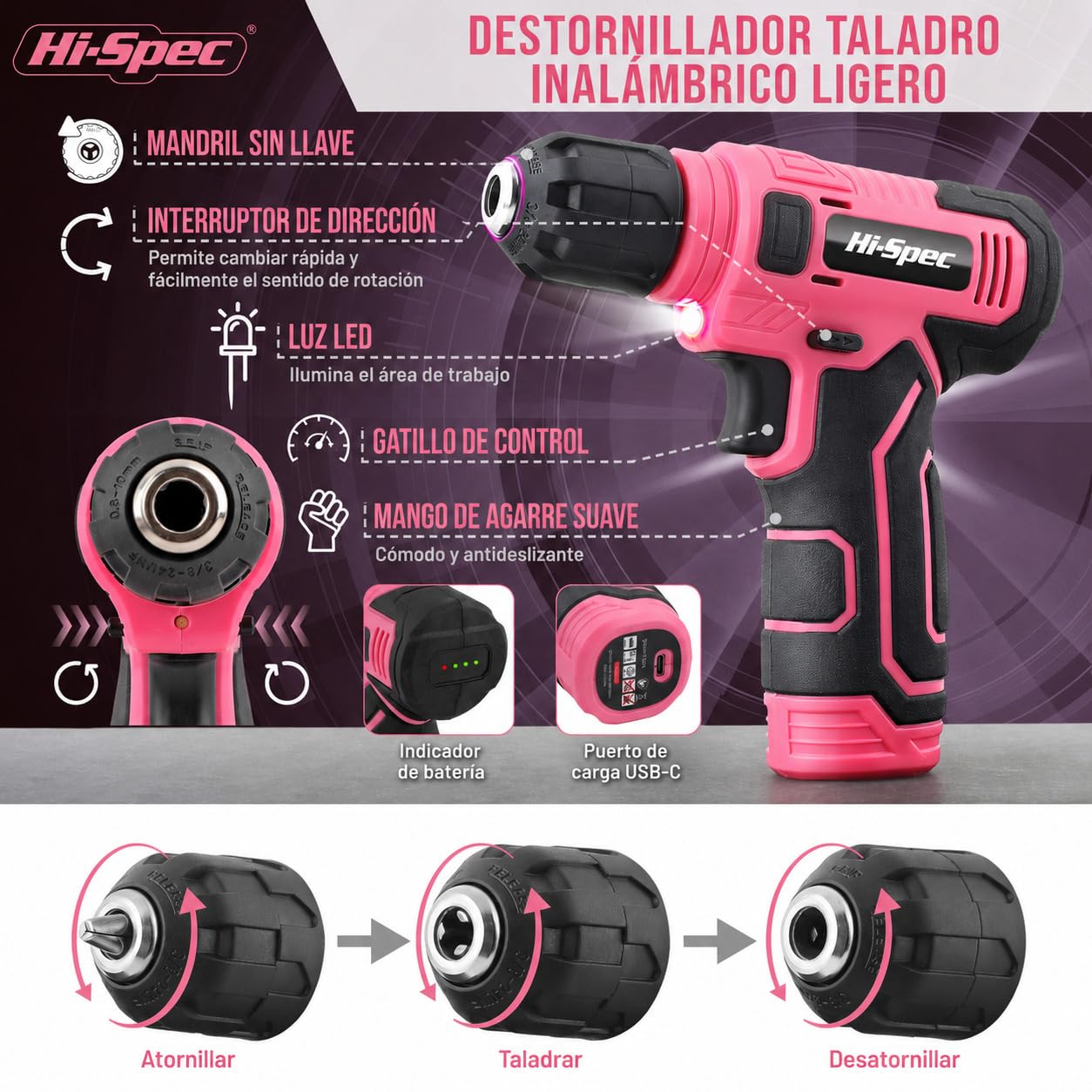Hi-Spec Set de Herramientas Completo con Destornillador Eléctricos 8V, Rosa | 74 piezas, set completo en estuche portátil, recargable, para tareas de montaje y reparaciones domésticas, uso diario