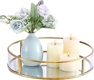 OwnMy 10 Inch Decorative Glass Candle Holder Tray Round Pillar Candle Plate, Golden Metal Glass Candle Holder Tray for Coffee Table Centerpieces Wedding Living Room Home Decors