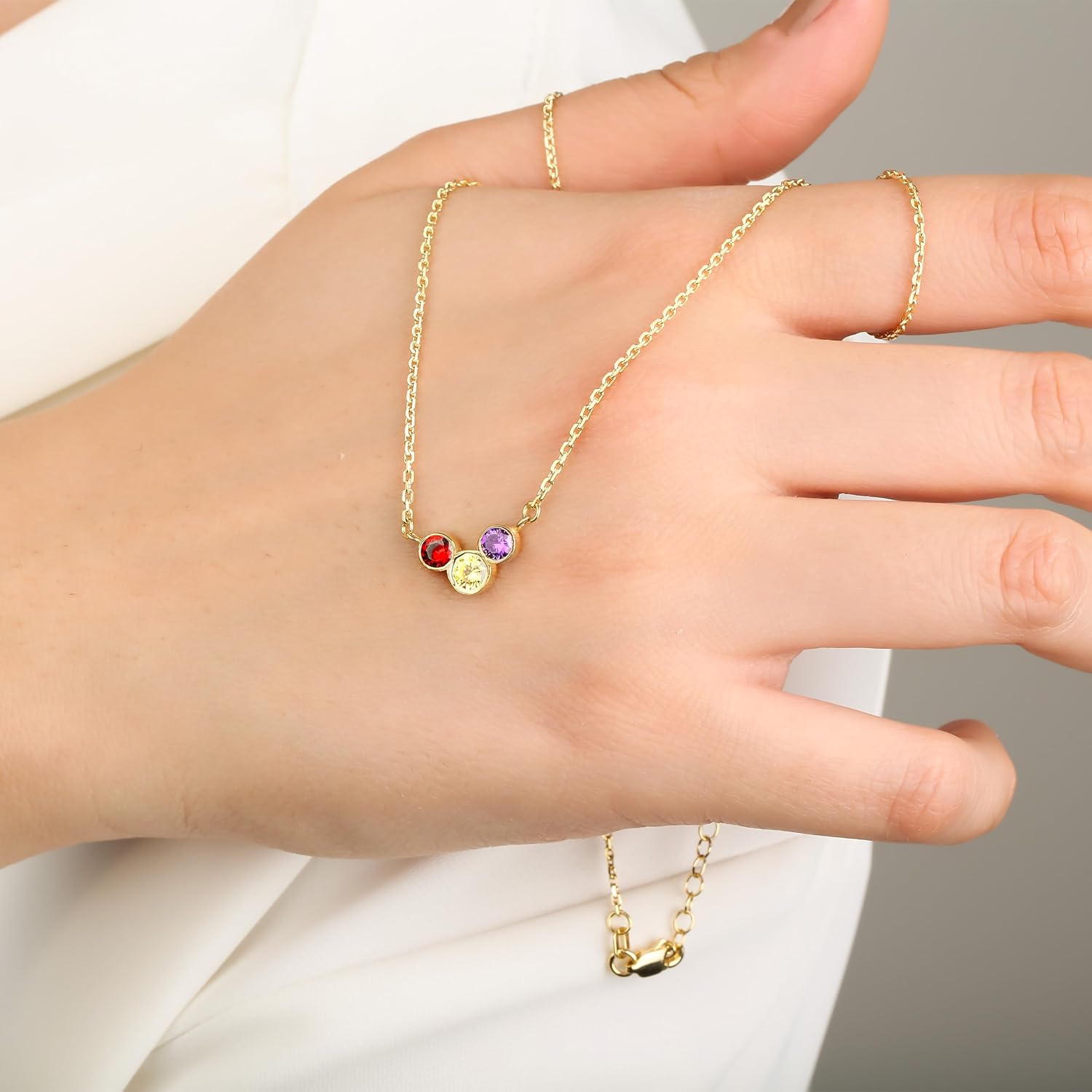 JEWEE DIAMOND 14K Gold Triple Birthstone Necklace - Customizable Family Birthstone Jewelry | Thoughtful Christmas Gift for Mom, Wife, or Grandma | Bezel-Set Trio Necklace