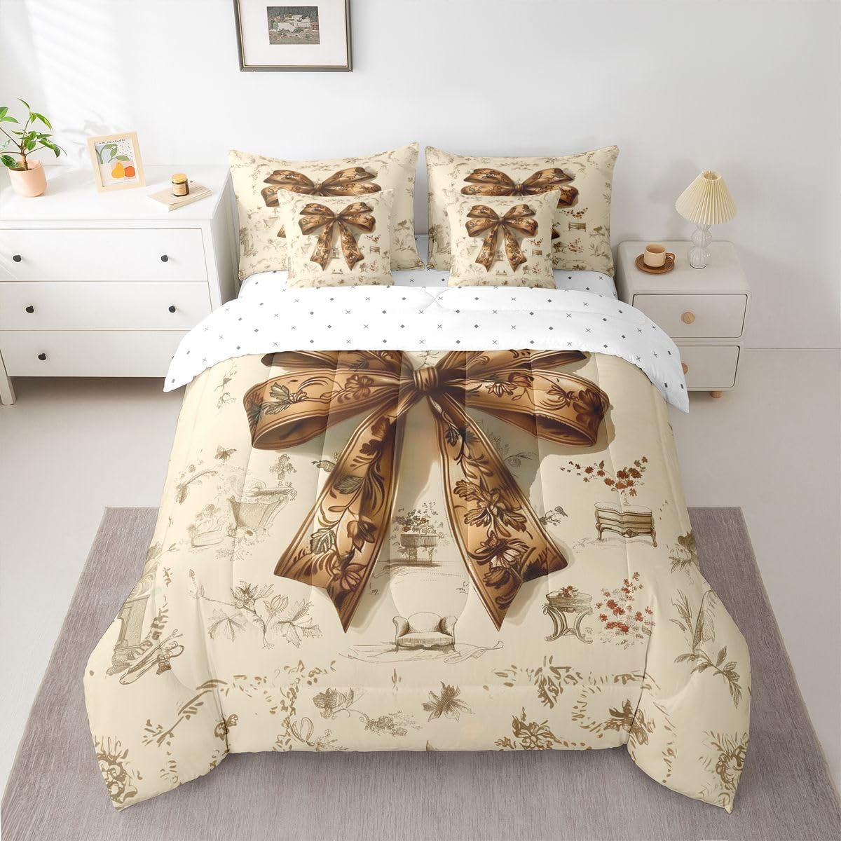 Erosebridal Brown Bowknot Bed in A Bag Twin | Coquette Decor Bohemian 7 Piece Comforter Set Western Cowboy Sheet Set Reversible Hippie Pastoral Style Fitted Sheet Breathable Lightweight