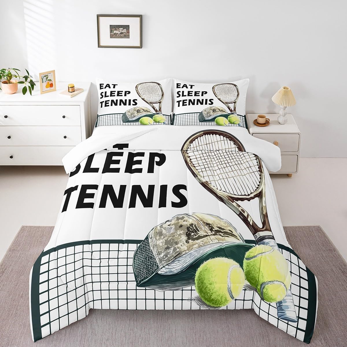 Castle Fairy Tennis Comforter King,Watercolor Tennis Rackets and Ball Quilt Comforter with 2 Pillowcases,Sport Tennis Hat Kids Boys Bedding Set Comfortable,Soft and Breathable