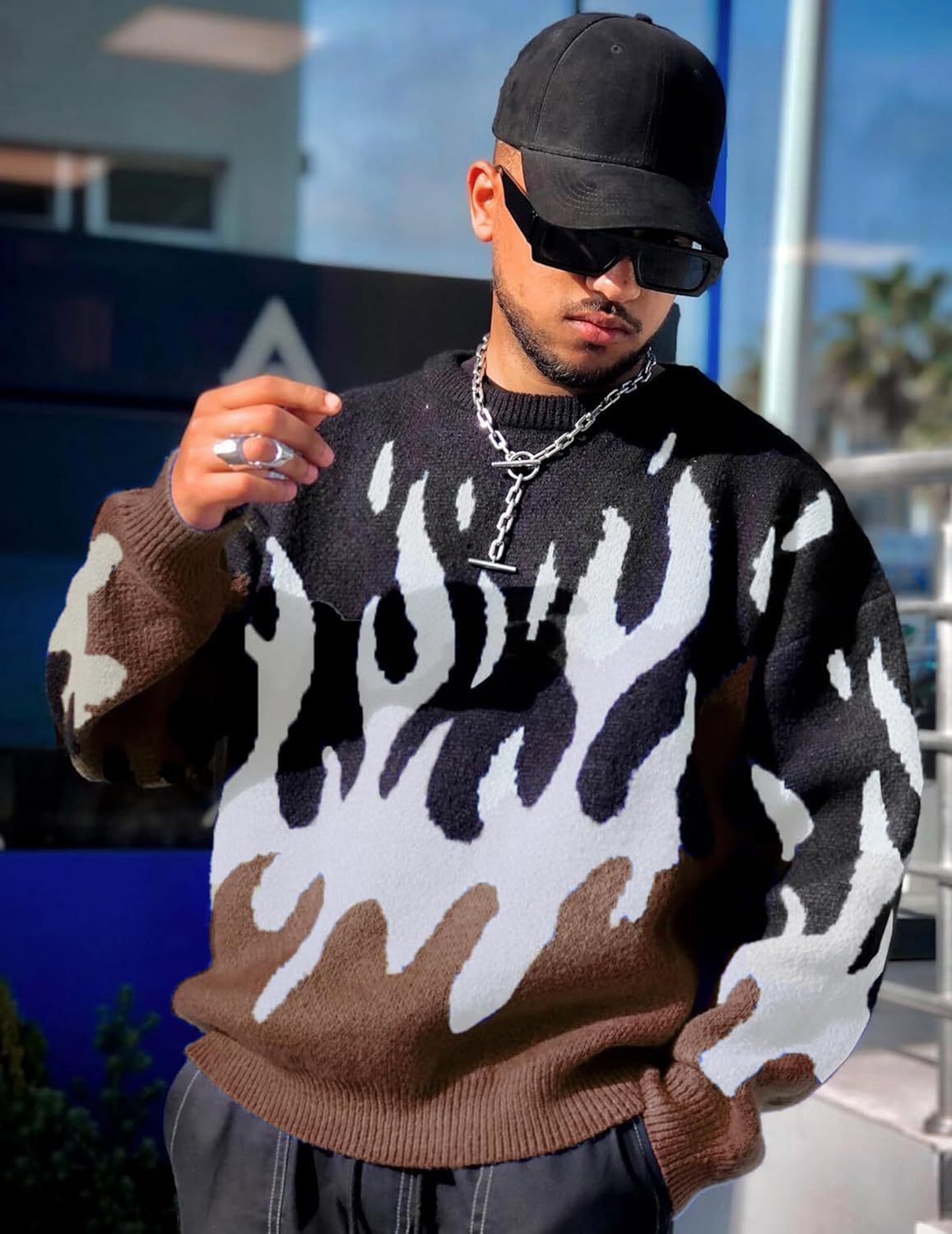 ZAFUL Mens Y2K Aesthetic Flame Graphic Casual Sweater Loose Knit Jumper Pullover Long Sleeve Crewneck Sweaters - Image 2