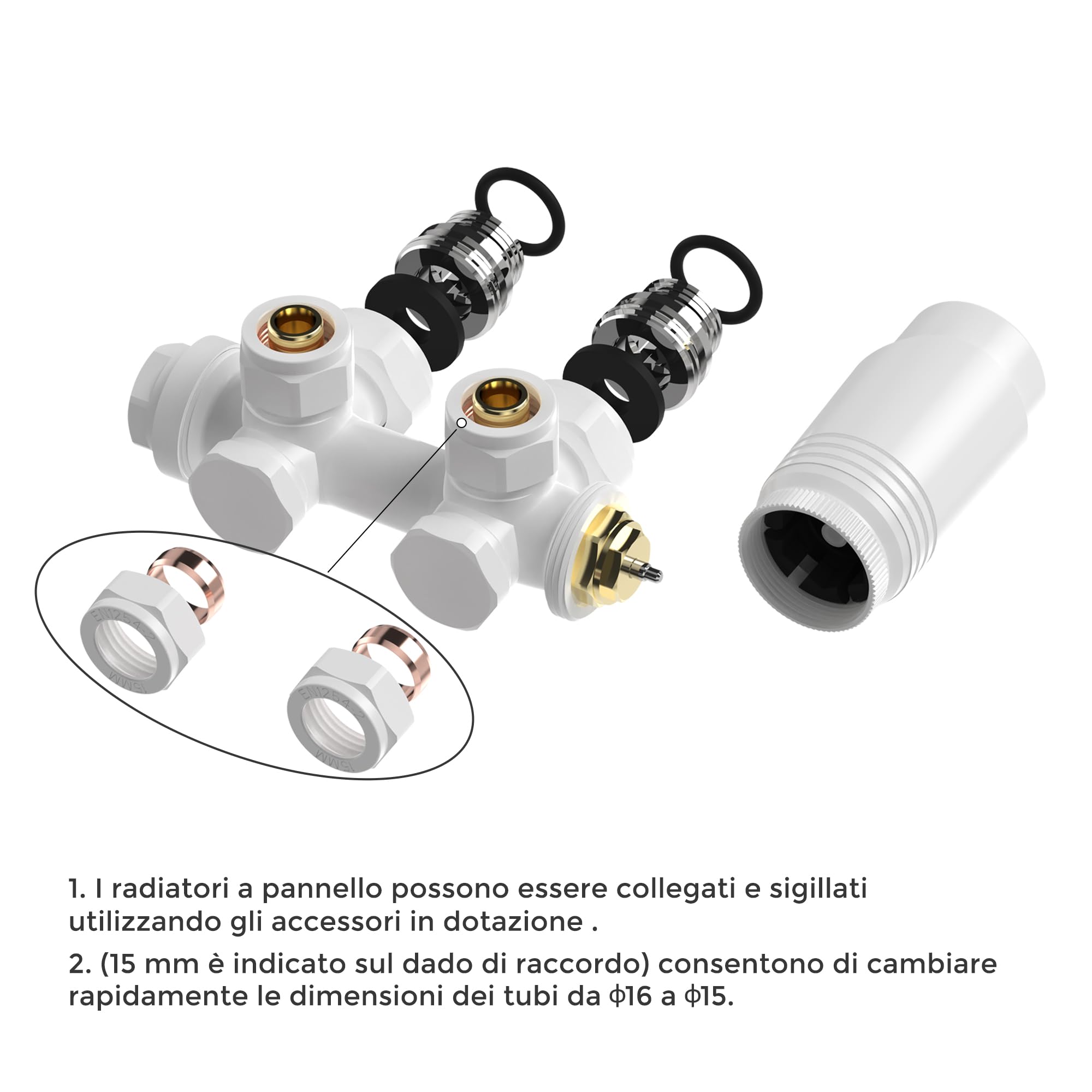 VANCOCO Bianco Valvola Radiatore Angolare H, Attacco Centrale 50mm Universale con Testa Termostatica