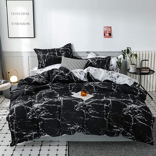 Gafance 3pcs White Marbling Printed Duvet Cover Black Bedding Set Double, Soft & Easy Care Comforter Cover with Zipper Closure, Lightweight Double Bed Quilt Cover (200 X 200 CM) & 2 Pillowcases