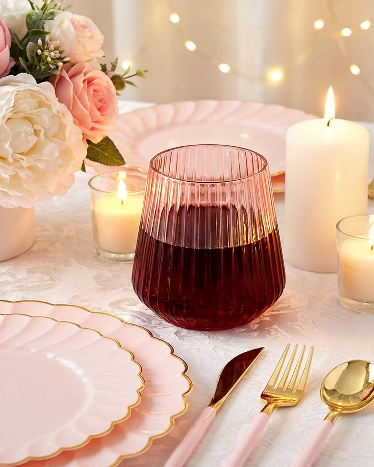 30 Pack Pink Plastic Ribbed Wine Glasses, 12 OZ Origami Stemless Disposable Wine Champagne Whiskey Glasses Unbreakable Clear Plastic Cocktail Glasses, Wine Cups for Party Wedding & Mother's Day