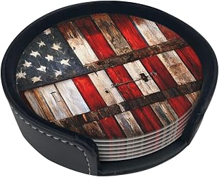 Rustic Barn Door Vintage American Flag Coasters for Drinks Round Leather Coaster with Holder Set of 6 for Tabletop Protection Desk Accessories Office Home Room Decor