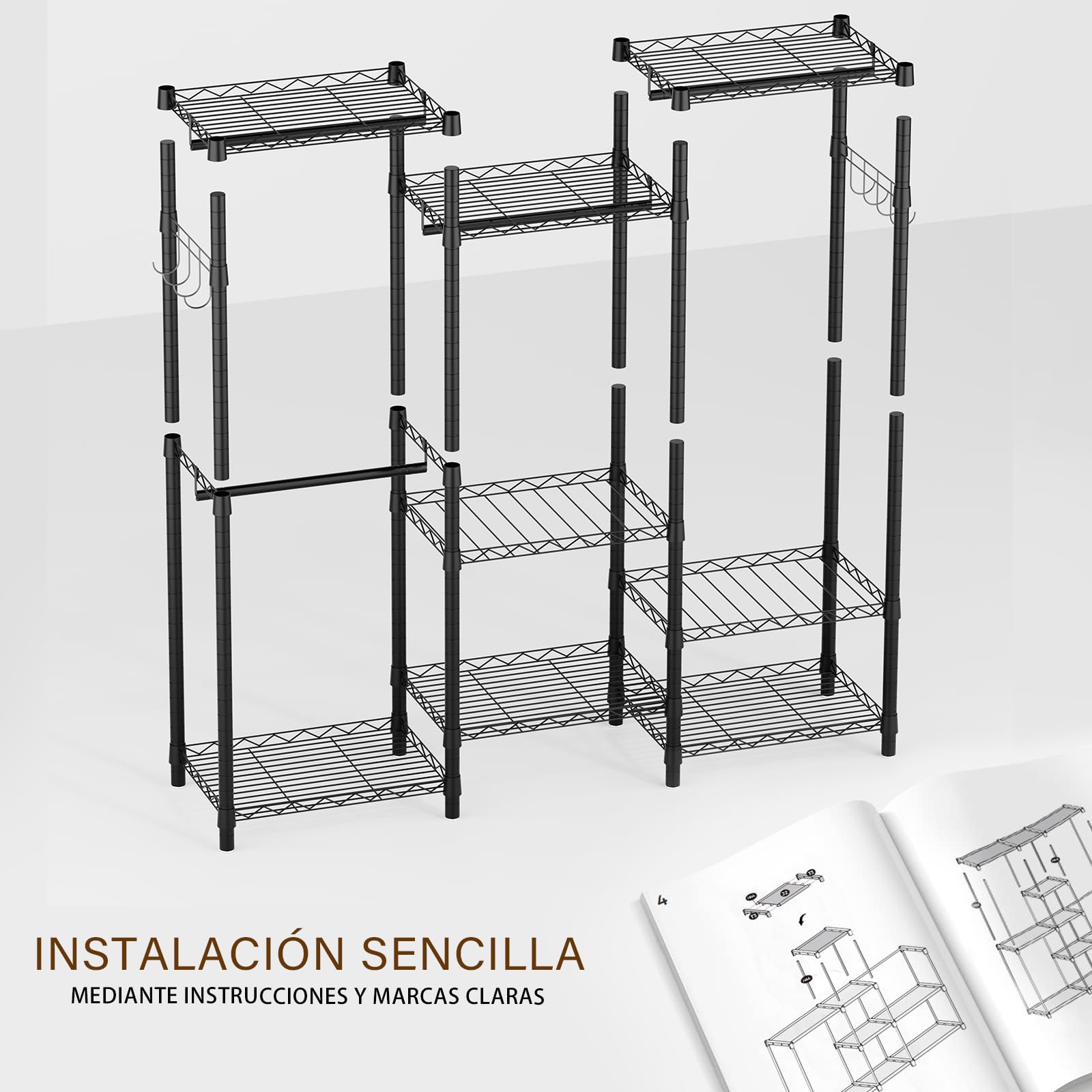 AQRA Perchero Burro Ropa Negro Metálico | 3 Barras Para Ropa, Ganchos Laterales, Carga máxima 400kg, Dimensiones 172×38×194cm