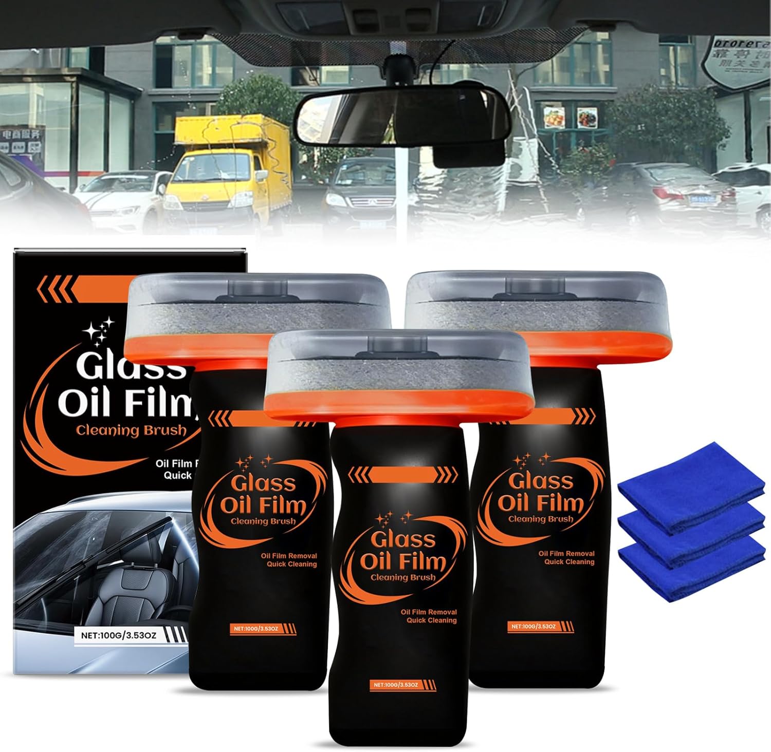 3PCS Glass Oil Film Remover for Car,100ml Roll-On Glass Compound with Cleaning Board, Removes Oil Film & Smudges,Automotive Oil Film Cleaning Brush for Car Windows