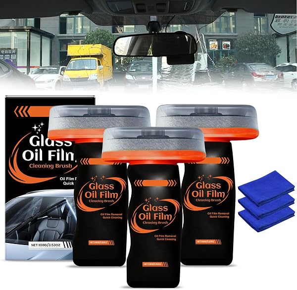 3PCS Glass Oil Film Remover for Car,100ml Roll-On Glass Compound with Cleaning Board, Removes Oil Film & Smudges,Automotive Oil Film Cleaning Brush for Car Windows - 1