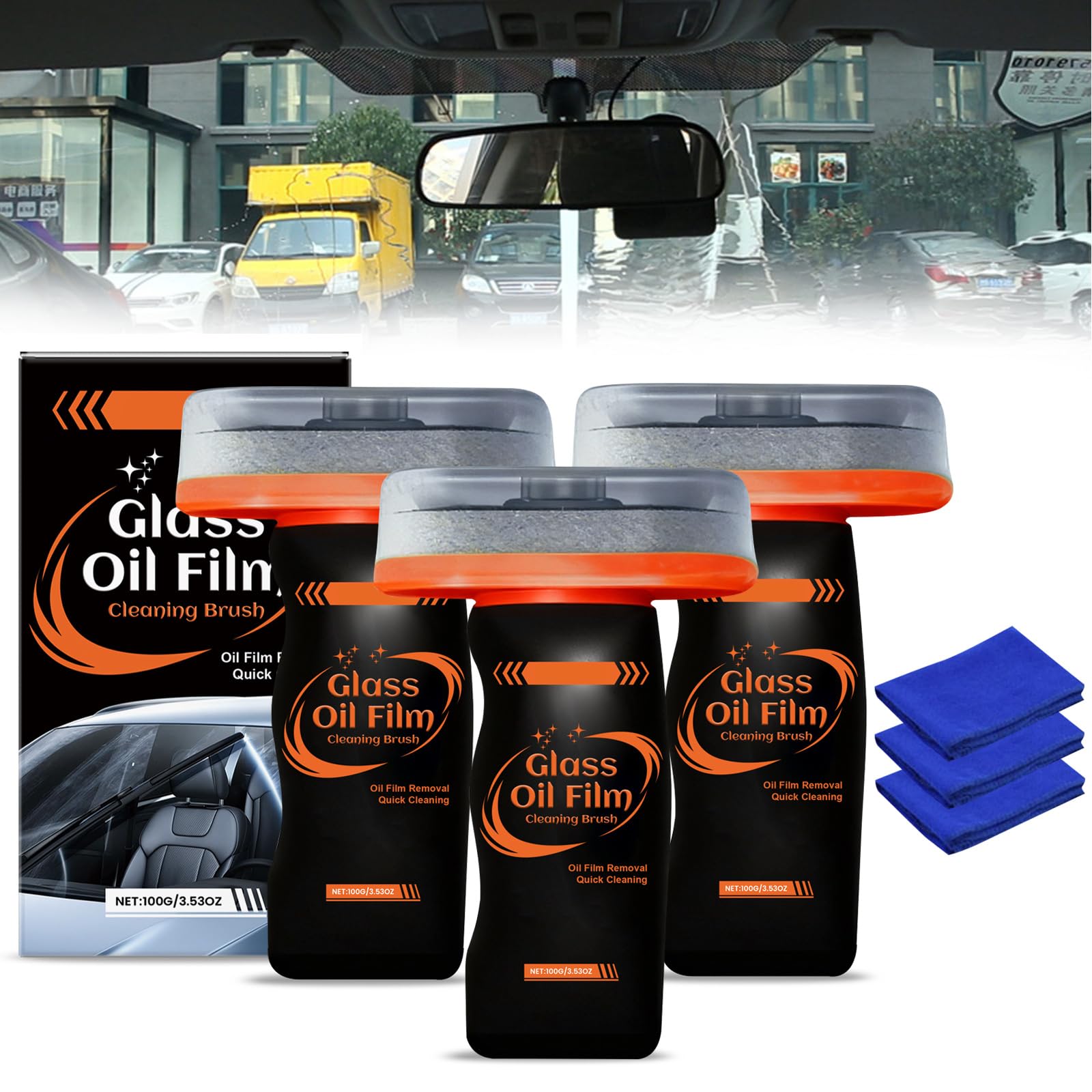 3PCS Glass Oil Film Remover for Car,100ml Roll-On Glass Compound with Cleaning Board, Removes Oil Film & Smudges,Automotive Oil Film Cleaning Brush for Car Windows - 1