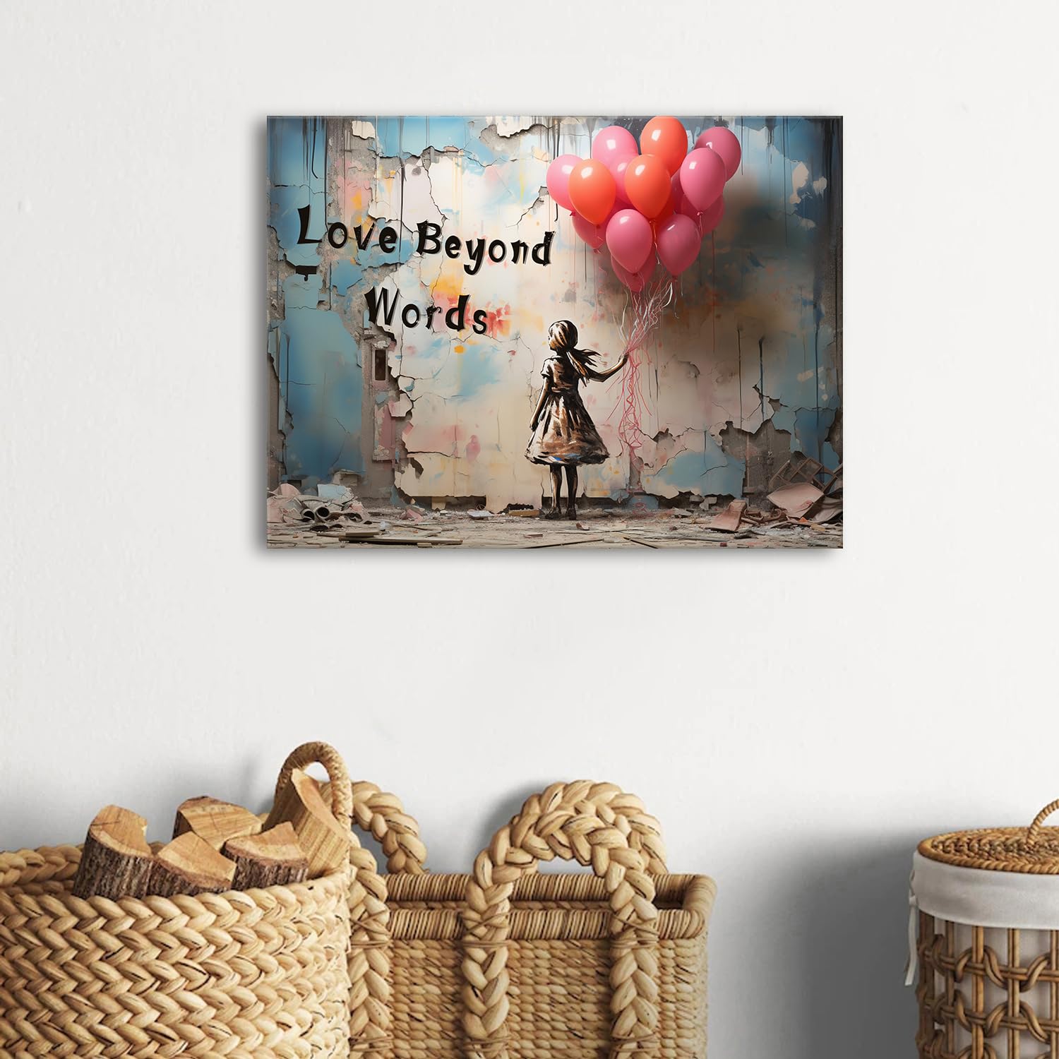 Banksy Canvas Wall Art for Living Room Abstract Little Girl with Pink Balloons Wall Pictures Love Beyond Words Inspirational Quotes Wall Art Graffiti Street Pop Art for Bedroom Home Decoration 30x40cm - Image 2