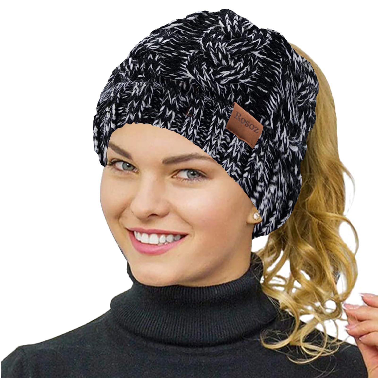 Rosoz Ponytail Beanie for Women Winter Warm Beanie Tail Soft Stretch Cable Knit Messy High Bun Hat