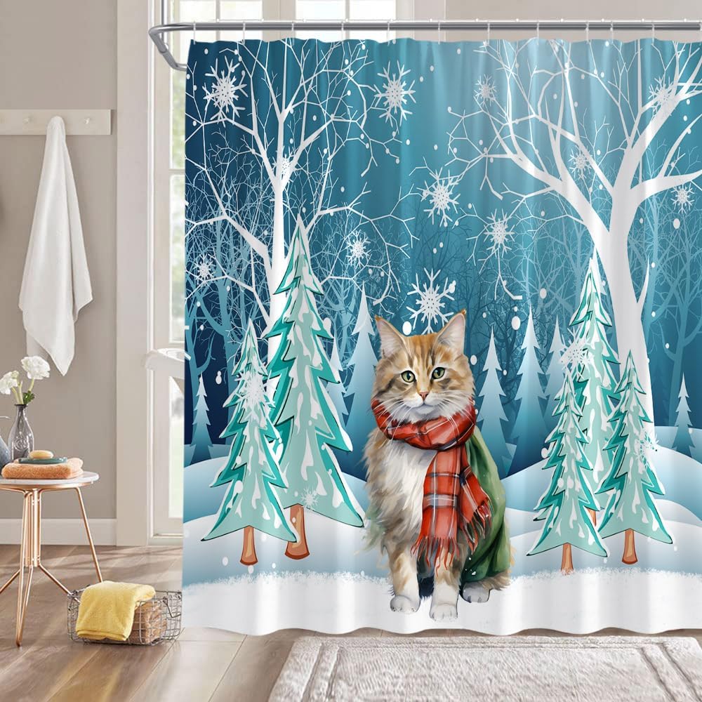 Winter Cat Shower Curtain Snow Pine Tree Snowflake Cute Animal Forest Christmas Blue White Holiday 70" Wx96 H Fabric Bathroom Decor Curtain with Hooks