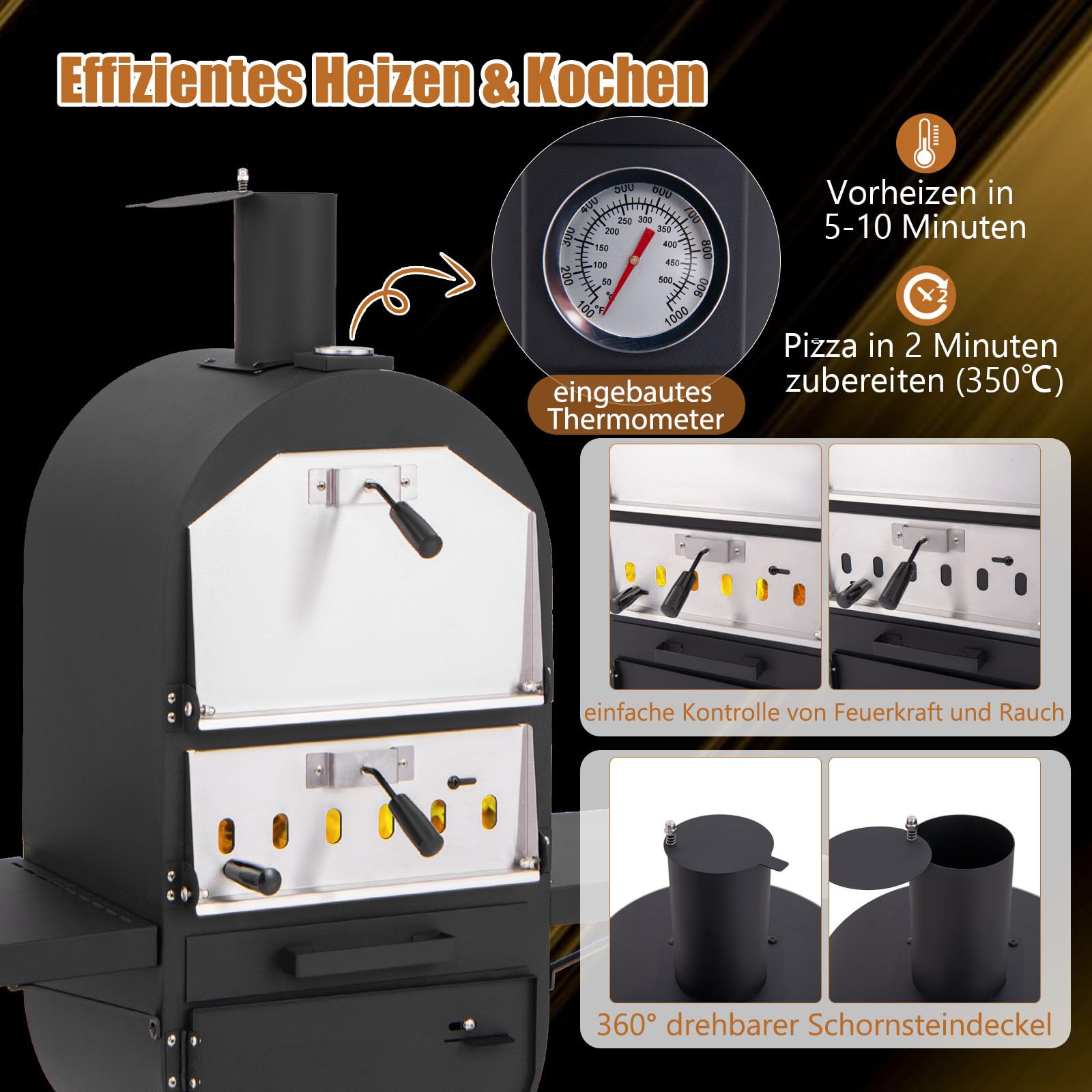 GOPLUS Piec do pizzy, outdoorowy piec do pizzy z kamieniem do pizzy 31 cm, łopatka do pizzy, ruszt do grillowania, termometr i pokrowiec ochronny, wolnostojący piec do pizzy z 2 bocznymi stołami, na